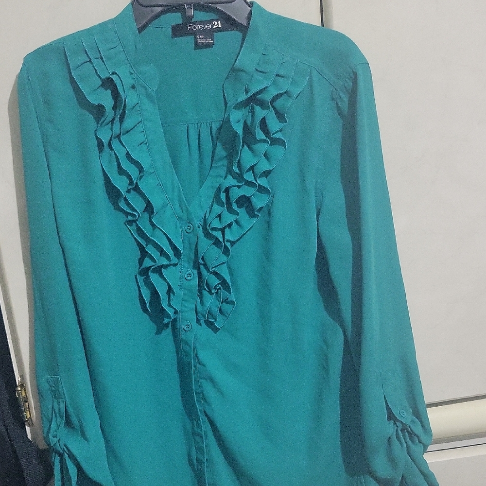 Forever 21 Blue Ruffled Bib Collar Blouse